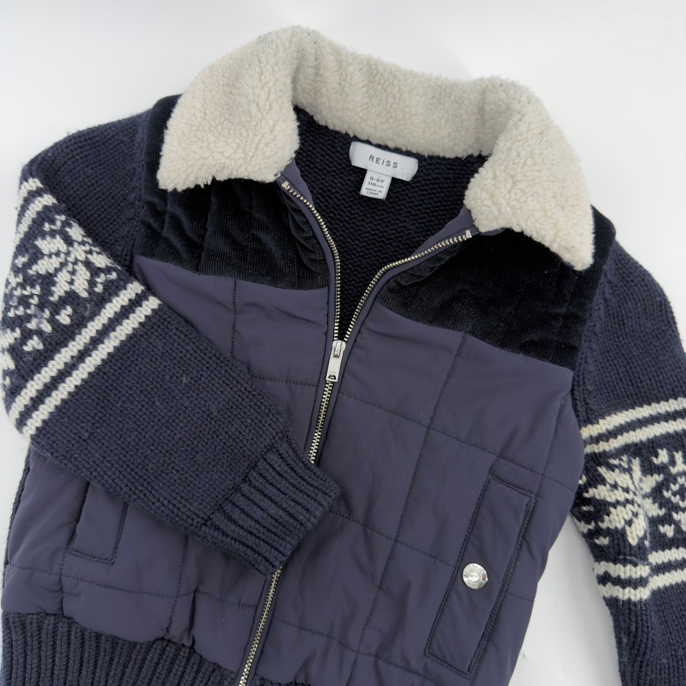 Reiss Kids Navy Blue Quilted Fair Isle Knit Hybrid Jacket Faux Shearling 5-6Y